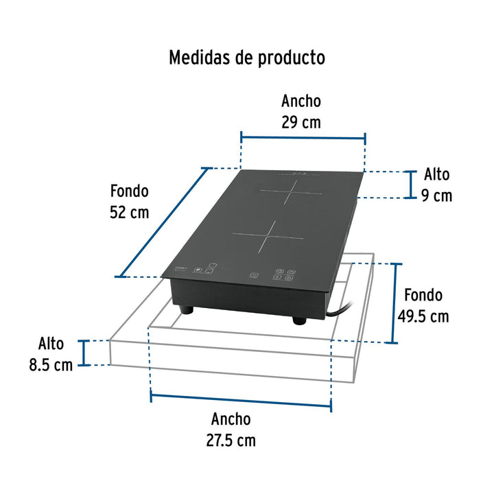 Parrilla inducción empotrable 30cm, 2 quem, vidrio, Riviera - Mundo Tool 