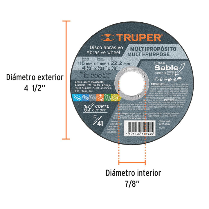 Disco Tipo 41 de 4-1/2" x 1 mm corte multimaterial, Sable - Mundo Tool 