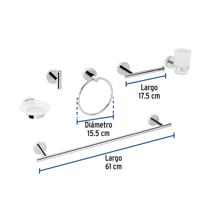 Juego de 6 accesorios para baño acabado cromo, Foset Tubig - Mundo Tool 