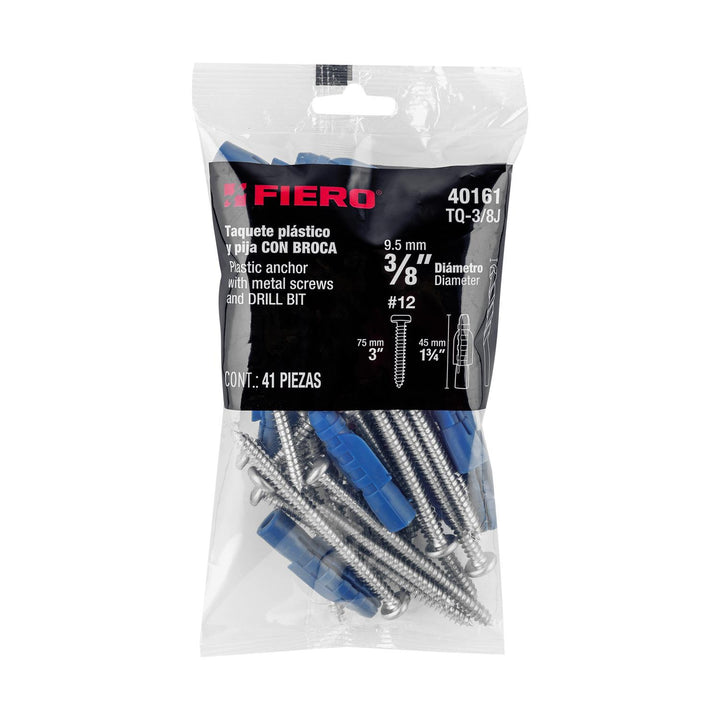 Kit de 20 taquetes 3/8' con pijas #12 y 1 broca 3/8', Fiero - Mundo Tool 