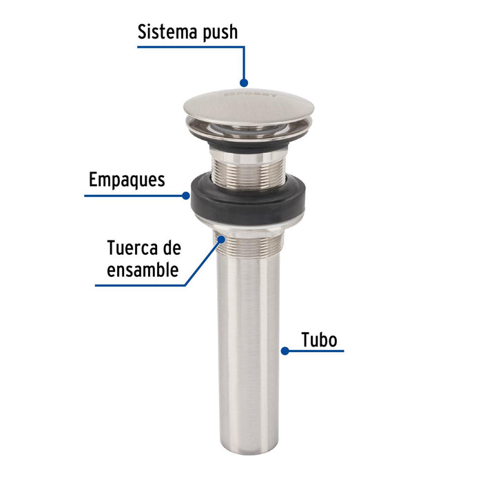 Contra p/lavabo, 1-1/4', sin rebosadero, hongo, latón, satín - Mundo Tool 