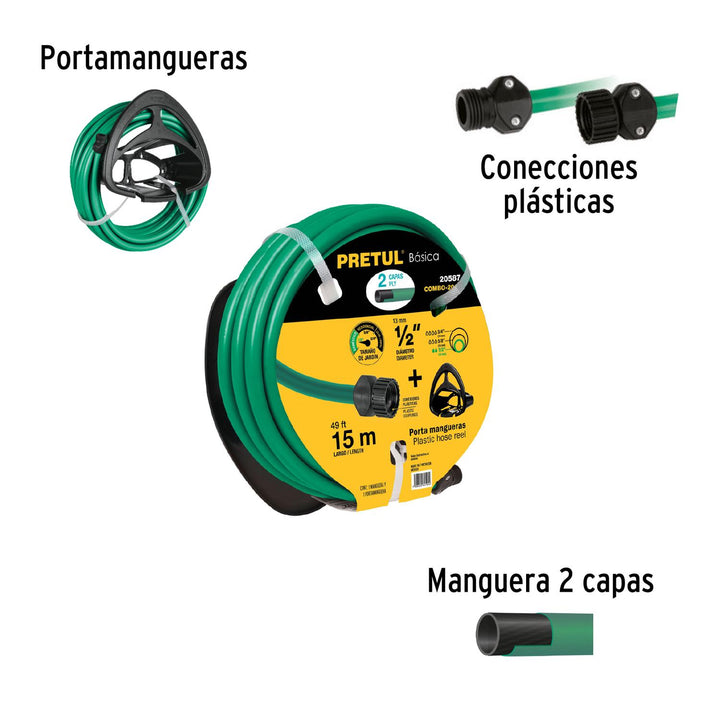 Combo manguera MAN-15X1/2P y portamanguera negro, Pretul - Mundo Tool 