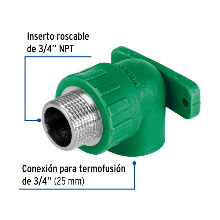 Codo oreja 90° PPR, 3/4', macho con inserto metálico, Foset - Mundo Tool 