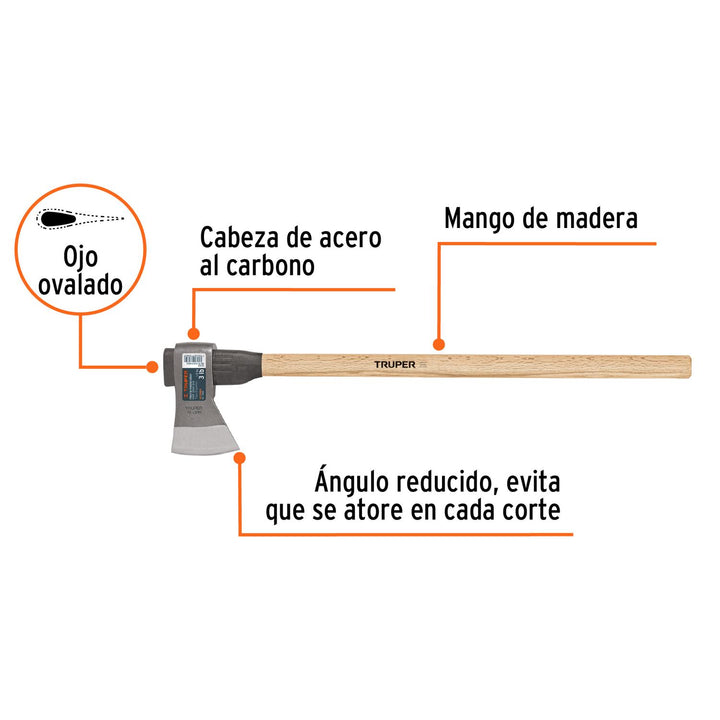 Hacha media labor 3 lb con mango de madera de 36', Truper - Mundo Tool 