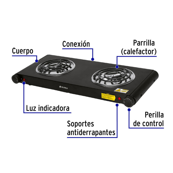 Parrilla eléctrica de doble resistencia, negra, Volteck - Mundo Tool 