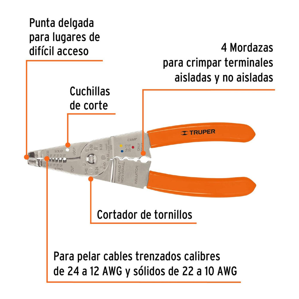 Pinza 8" pela cables 24 a 12 AWG, Truper - Mundo Tool 