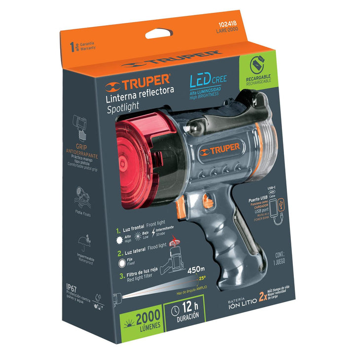 Lámpara de LED 2000 lm recargable alta potencia, Truper - Mundo Tool 