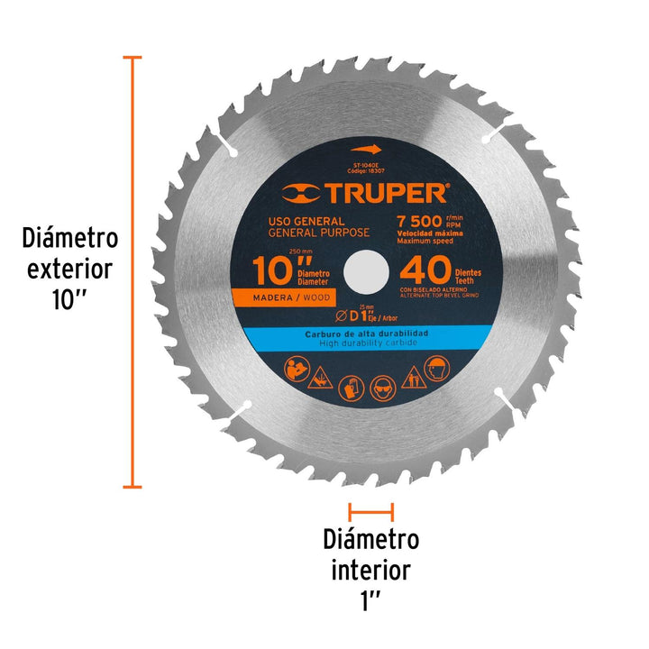 Disco sierra Para Madera 10 40 Dientes Centro 1 - Mundo Tool 