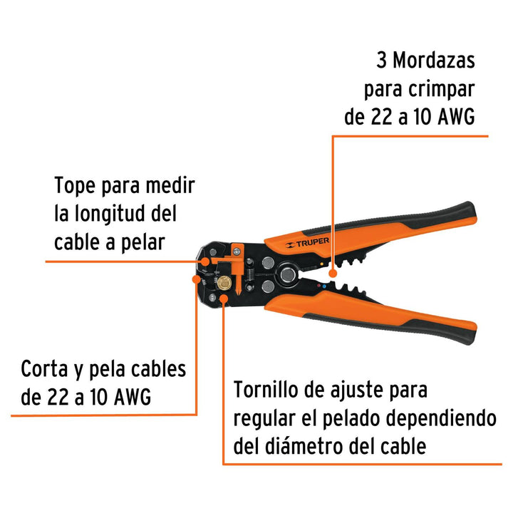 Pinza 8" pela cables automática, 22 a 10 AWG, Truper - Mundo Tool 