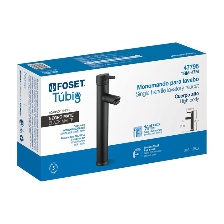 Monomando alto negro para lavabo, Foset Tubig - Mundo Tool 