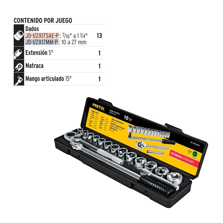 Juego de 16 herramientas 1/2" std para mecánico, Pretul - Mundo Tool 