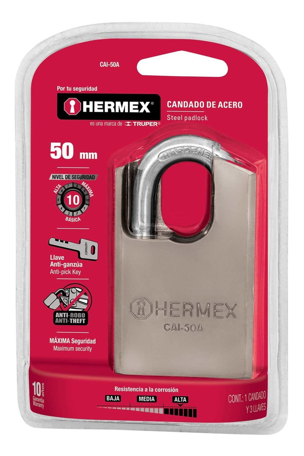 Candado De Acero Máxima Seguridad 50mmllave A Hermex