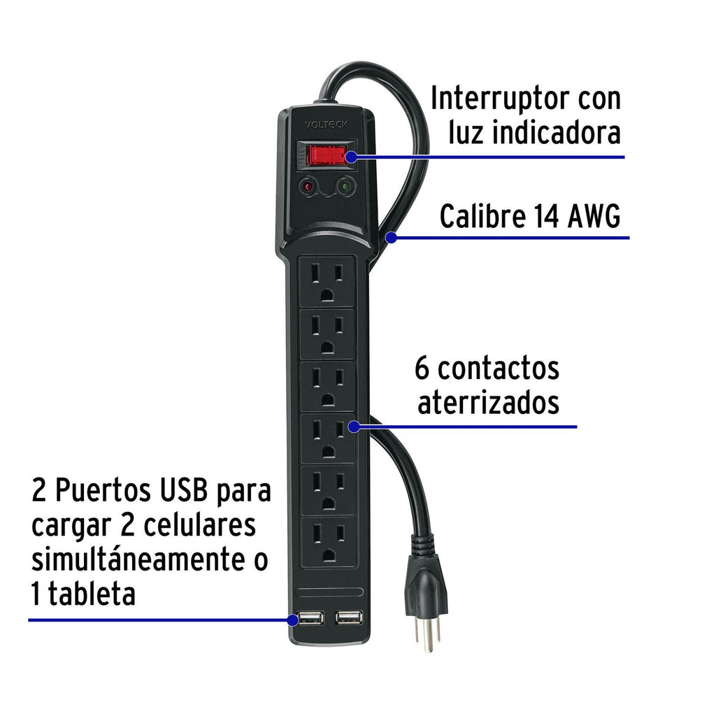 Multicontacto 16 AWG 6 entradas 2 ptos. USB sup. 150J, negro - Mundo Tool 