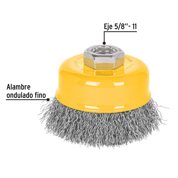 Carda copa 3' alambre ondulado fino, eje 5/8'-11, Pretul - Mundo Tool 