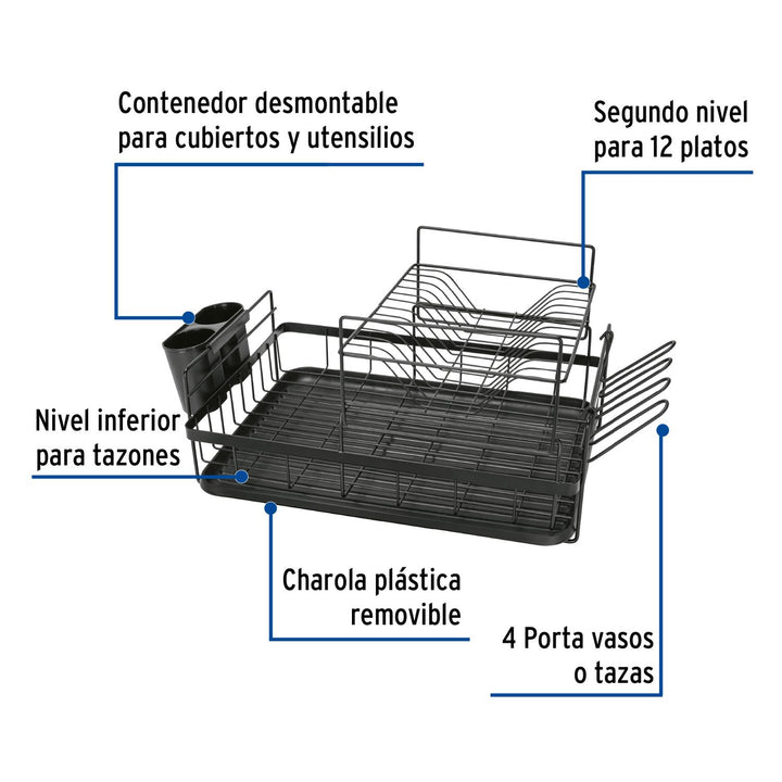 Escurridor negro de acero con 2 niveles para trastes, grande - Mundo Tool 