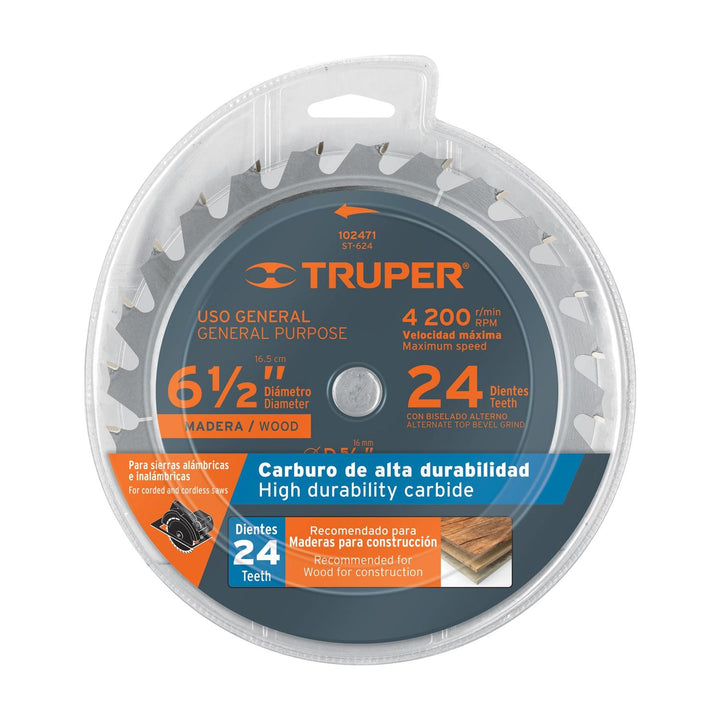 Disco sierra 6-1/2" p/madera, 24 dientes con centro 5/8" - Mundo Tool 