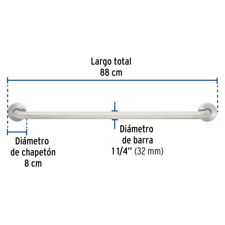 Barra recta de seguridad, acero inox, 1-1/4' x 80cm, Foset - Mundo Tool 