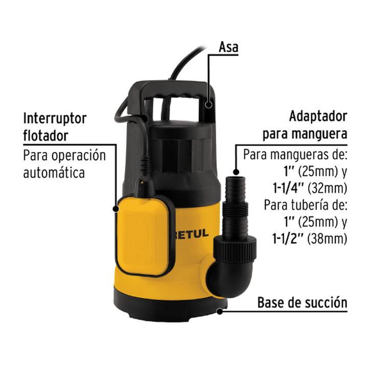 Bomba sumergible plástica, 1 HP para agua limpia, Pretul - Mundo Tool 