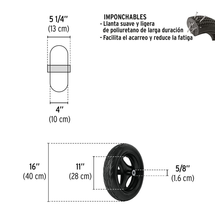 Llanta imponchable,16' con rin,eje y baleros para carretilla Truper - Mundo Tool 