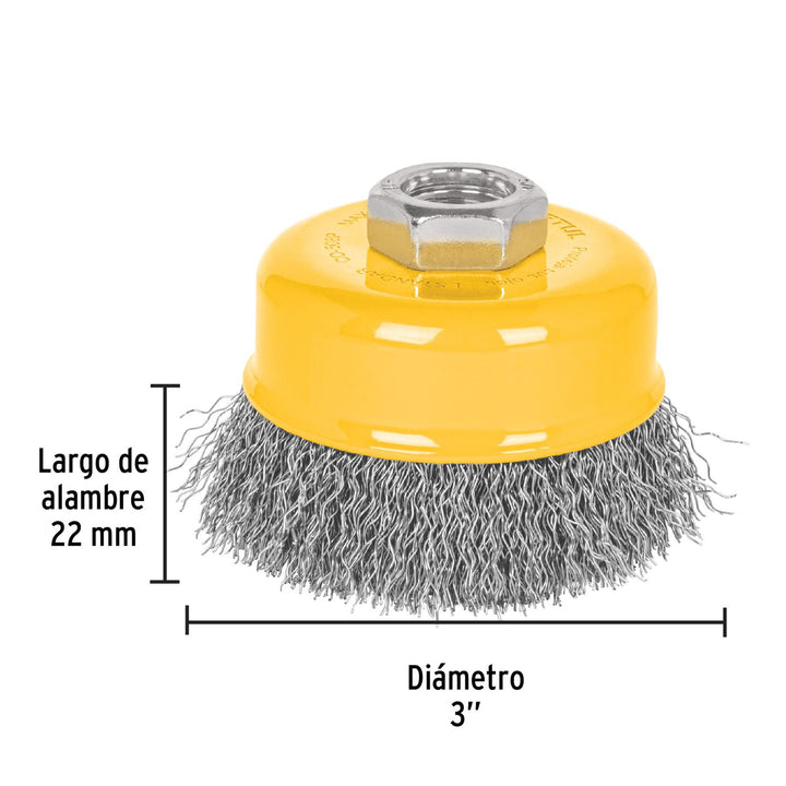 Carda copa 3' alambre ondulado fino, eje 5/8'-11, Pretul - Mundo Tool 