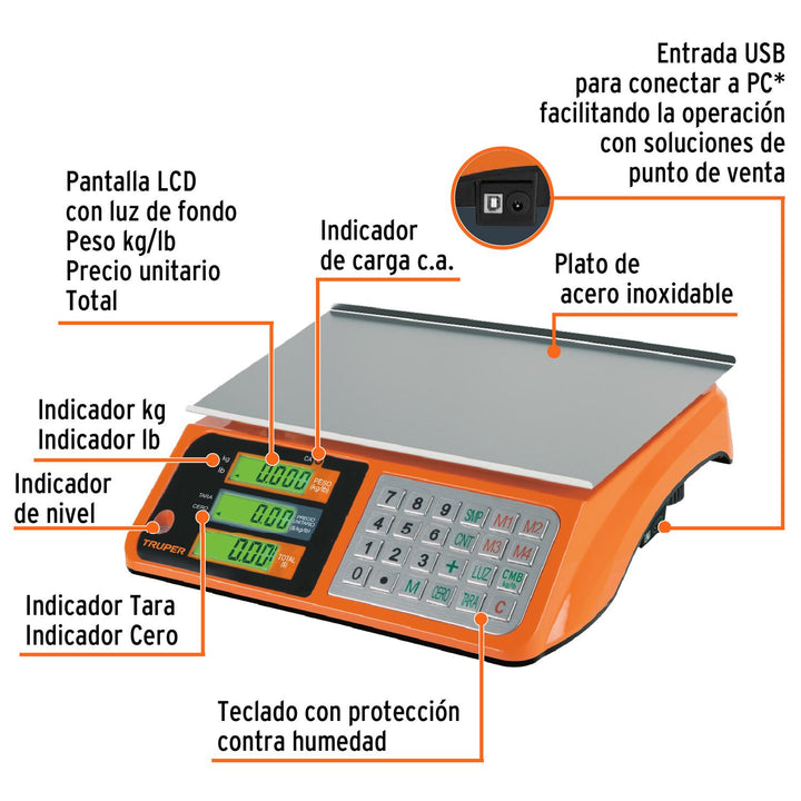 Báscula electrónica multifunciones 40 kg USB, Truper - Mundo Tool 