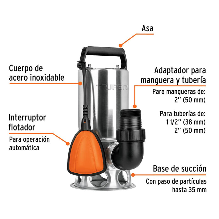 Bomba sumergible acero inoxidable, agua sucia, 1HP, Truper - Mundo Tool 