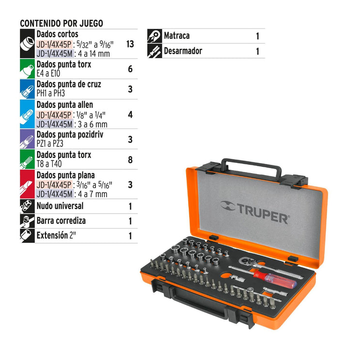 Juego de 45 herramientas cuadro 1/4" std para mecánico - Mundo Tool 