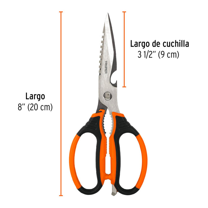 Tijera 8' multiusos de acero inoxidable p/cocina, mango TPR - Mundo Tool 