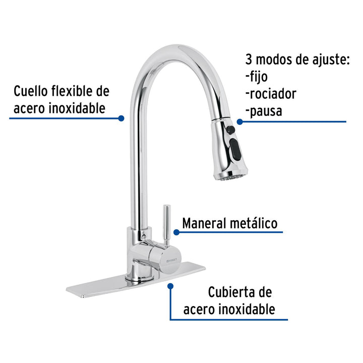 Monomando para fregadero, cuello extraible, cromo, Tubig - Mundo Tool 