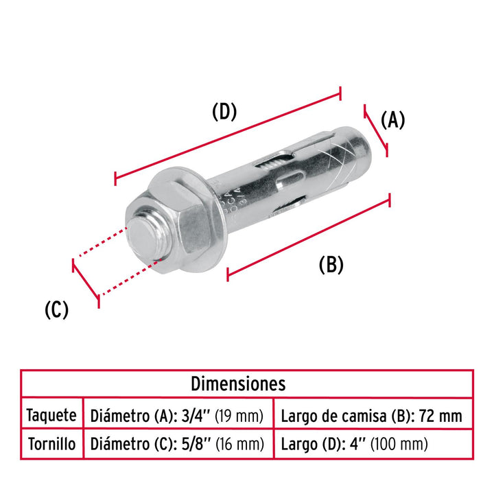 Taquete de expansión, 5/8' con tornillo, caja 25 piezas Fiero - Mundo Tool 