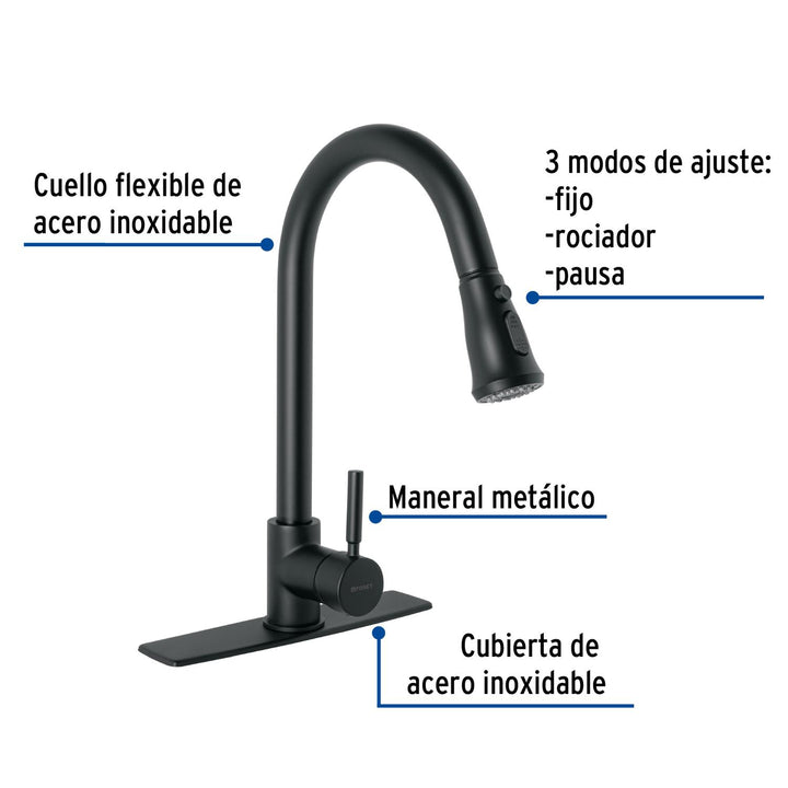 Monomando para fregadero,cuello extraible,negro mate,Tubig - Mundo Tool 