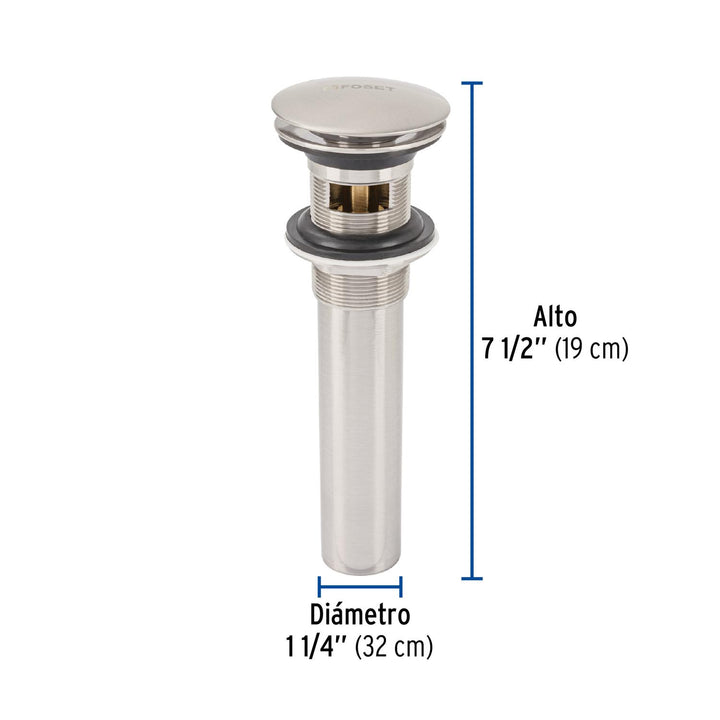 Contra p/lavabo, 1-1/4', con rebosadero, hongo, latón, satín - Mundo Tool 