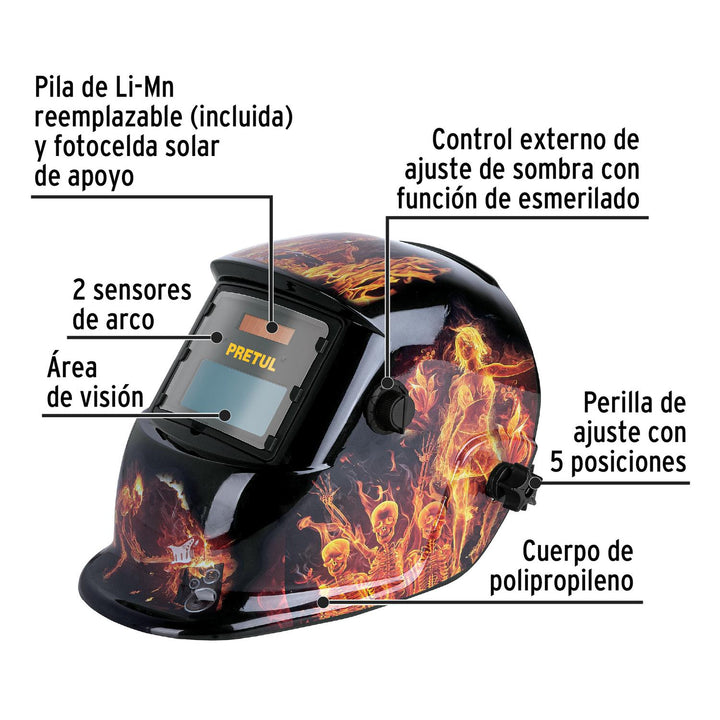 Careta electrónica p/soldar, fuego, sombra 9 a 13, Pretul - Mundo Tool 