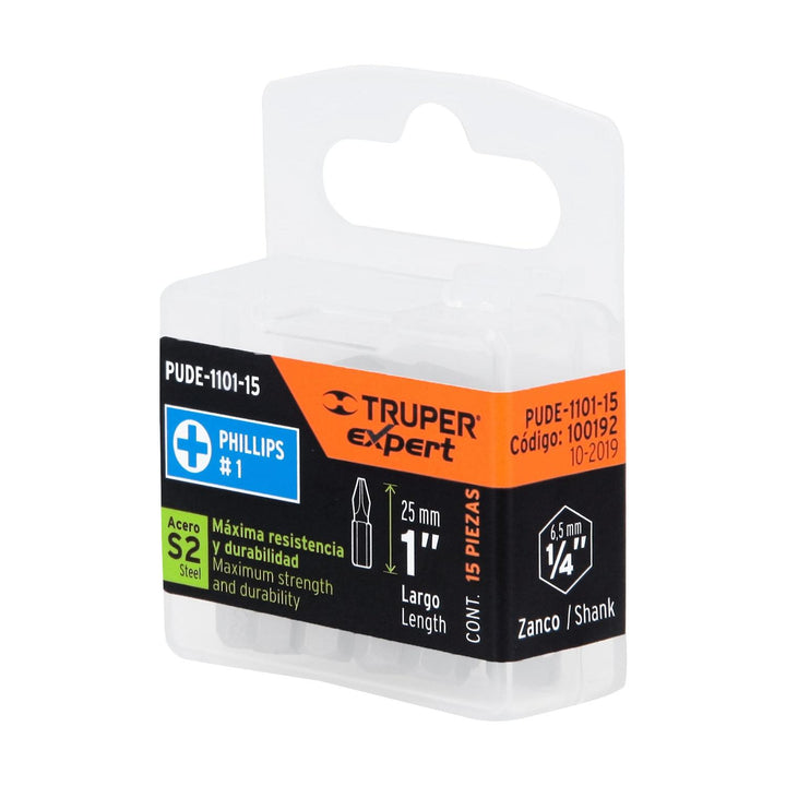 Puntas para desarmador Phillips PH1, 1', 15 piezas Truper - Mundo Tool 