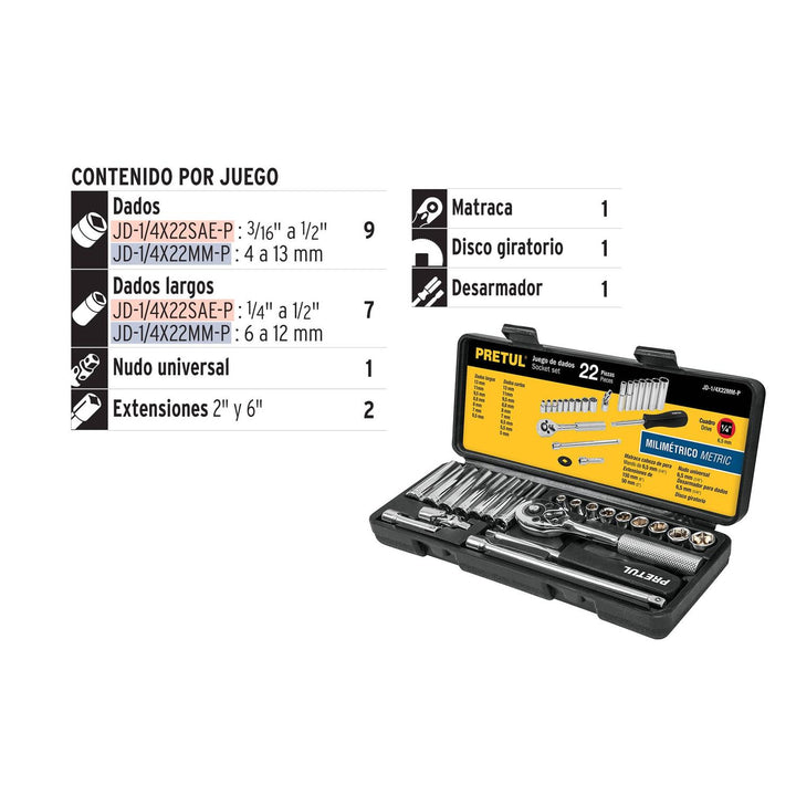 Juego de 22 herramientas 1/4" mm para mecánico, Pretul - Mundo Tool 