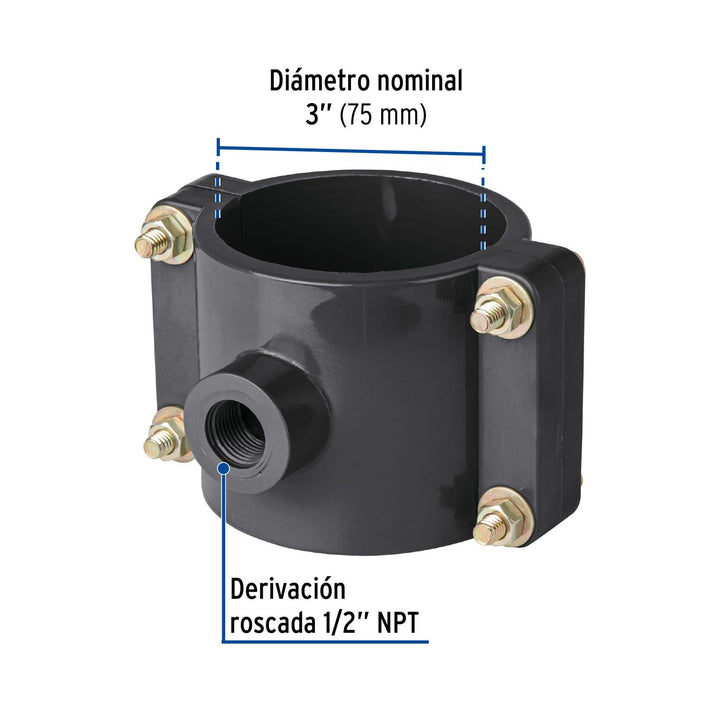 Abrazadera para toma domiciliaria PP 3' x 1/2', Foset - Mundo Tool 