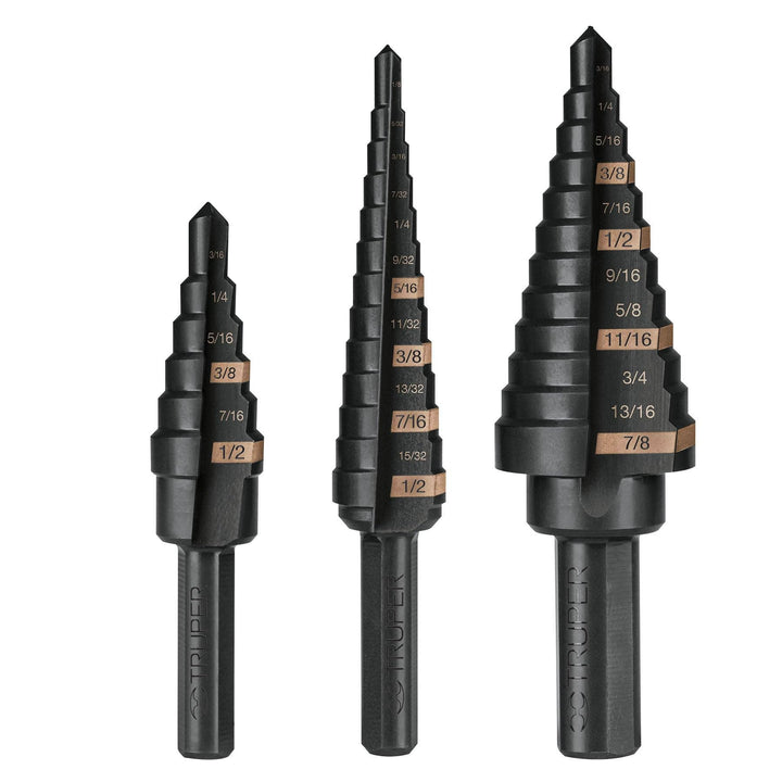 Truper JBES-3, Juego de 3 brocas escalonadas de óxido negro - Mundo Tool 