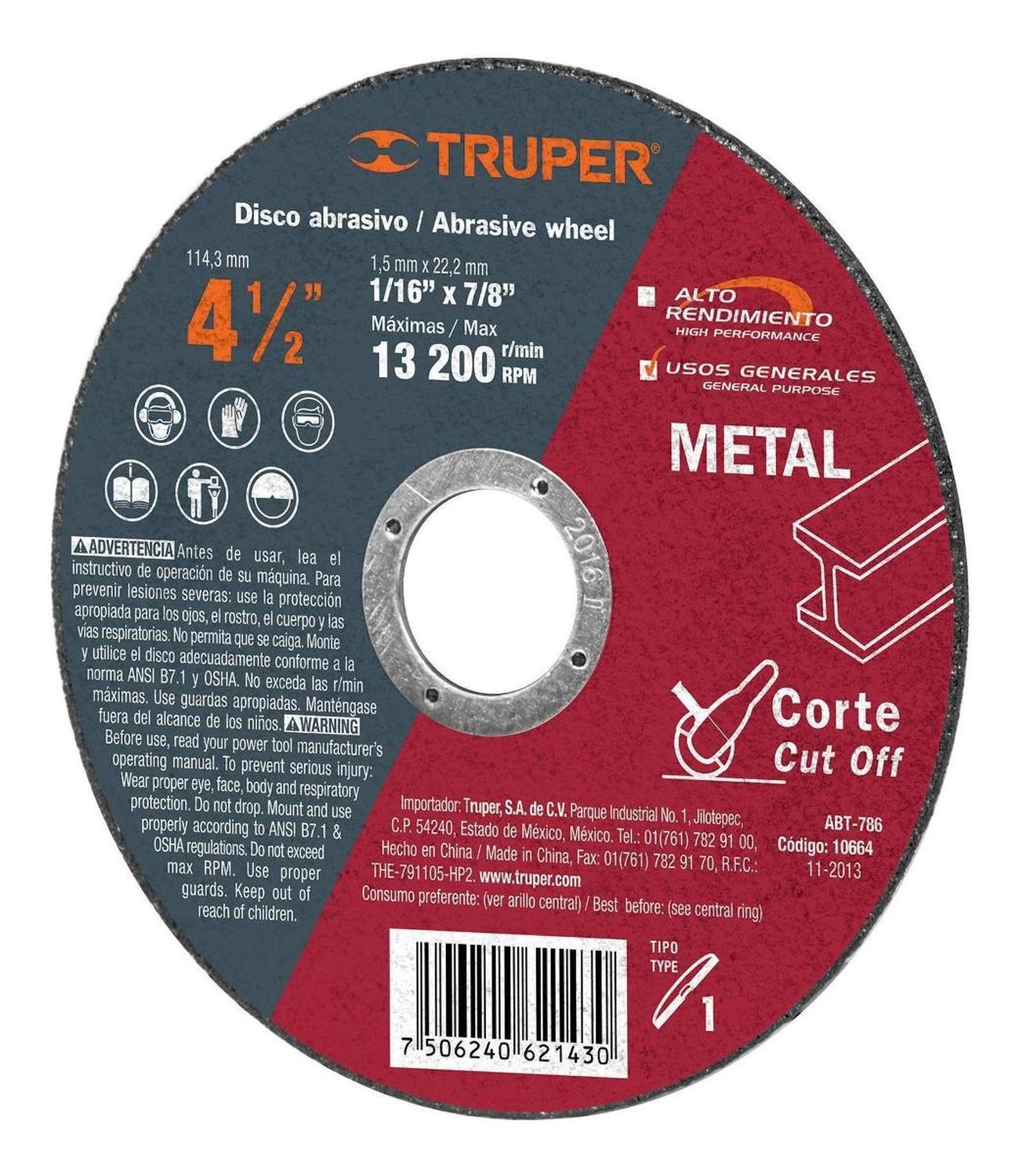 Disco para corte de metal 4-1/2 tipo 41, Truper Expert, Discos Abrasivos,  101454