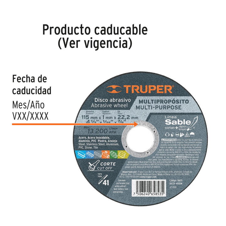 Disco Tipo 41 de 4-1/2" x 1 mm corte multimaterial, Sable - Mundo Tool 