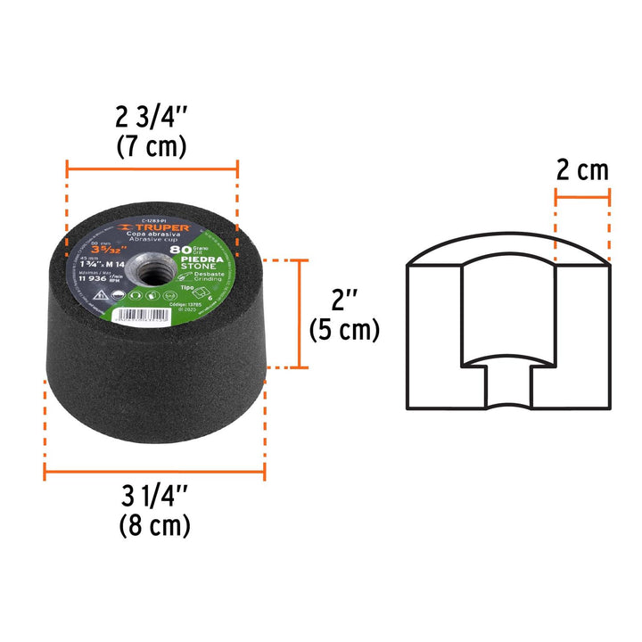 Copa Desbaste 3-5/32 14 Mm Grano 80 Para Piedra - Mundo Tool 