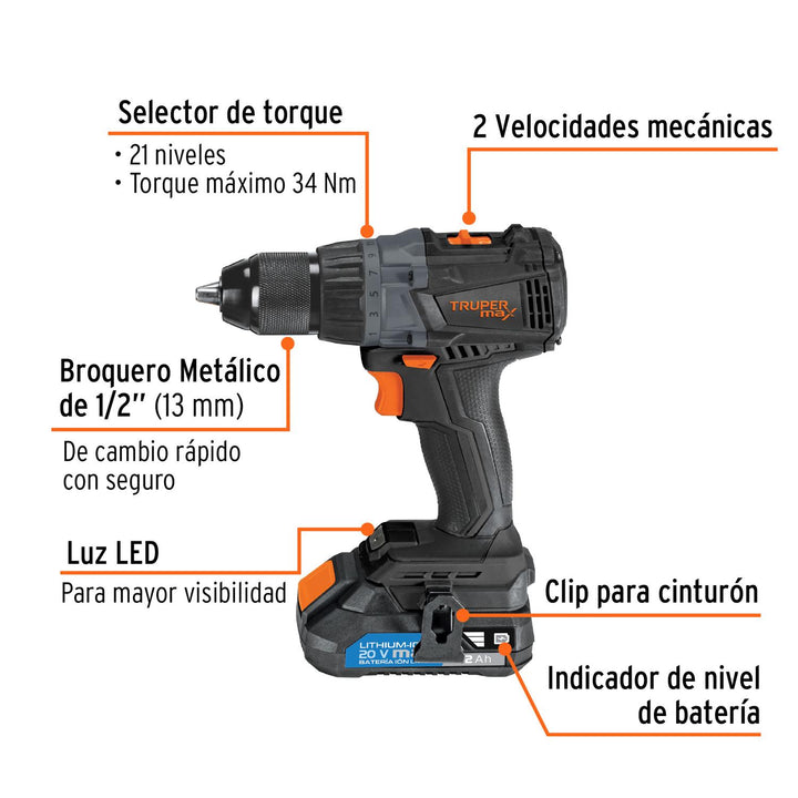 Taladro inalámbrico 1/2", 20V, sin carbones, TRUPER MAX - Mundo Tool 