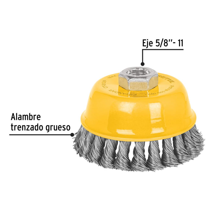 Carda copa 4' alambre trenzado grueso, eje 5/8'-11, Pretul - Mundo Tool 