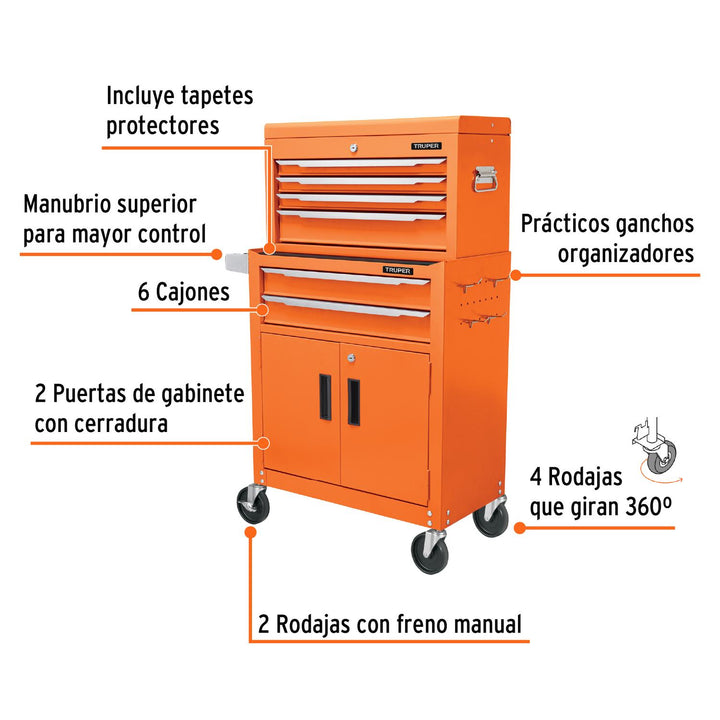 Gabinete metálico móvil, 6 cajones, 2 compartimentos, Truper - Mundo Tool 