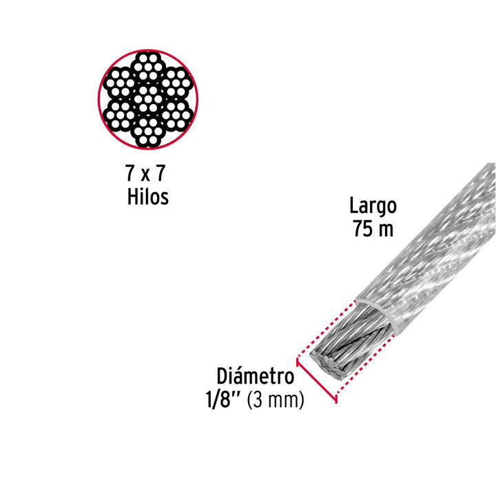 Cable rígido de acero 1/8', recubierto PVC, 7X7, 75 m Fiero - Mundo Tool 