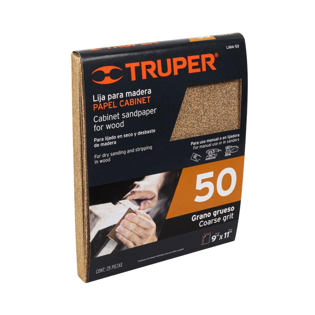 Lija para madera, grano 50 Truper 25 pzas - Mundo Tool 