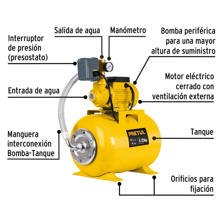 Equipo hidroneumático 24L, bomba periférica 1/2 HP, Pretul - Mundo Tool 