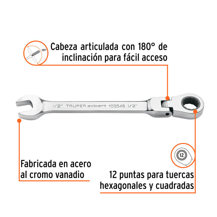 Llave combinada con matraca 1/2' flexible, Expert - Mundo Tool 