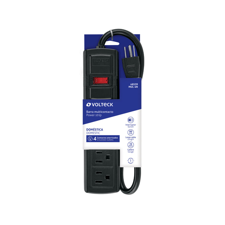 Multicontacto doméstico con 4 entradas, negro, VOLTECK - Mundo Tool 