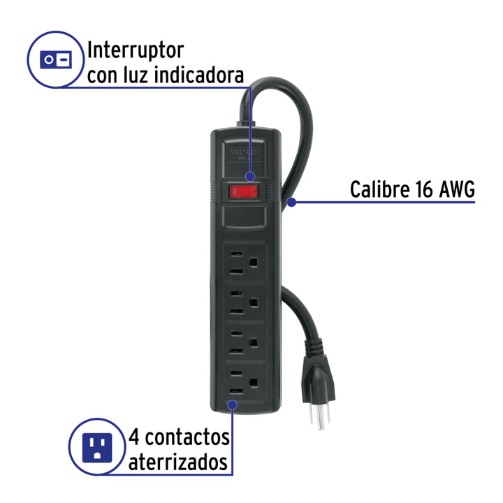 Multicontacto doméstico con 4 entradas, negro, VOLTECK - Mundo Tool 