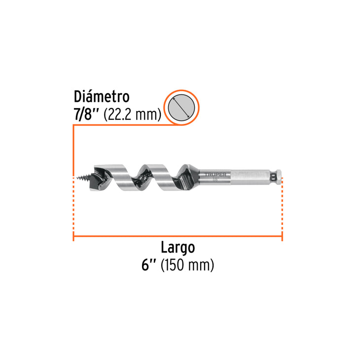 Broca auger tipo berbiquí 7/8' X 6', TRUPER - Mundo Tool 